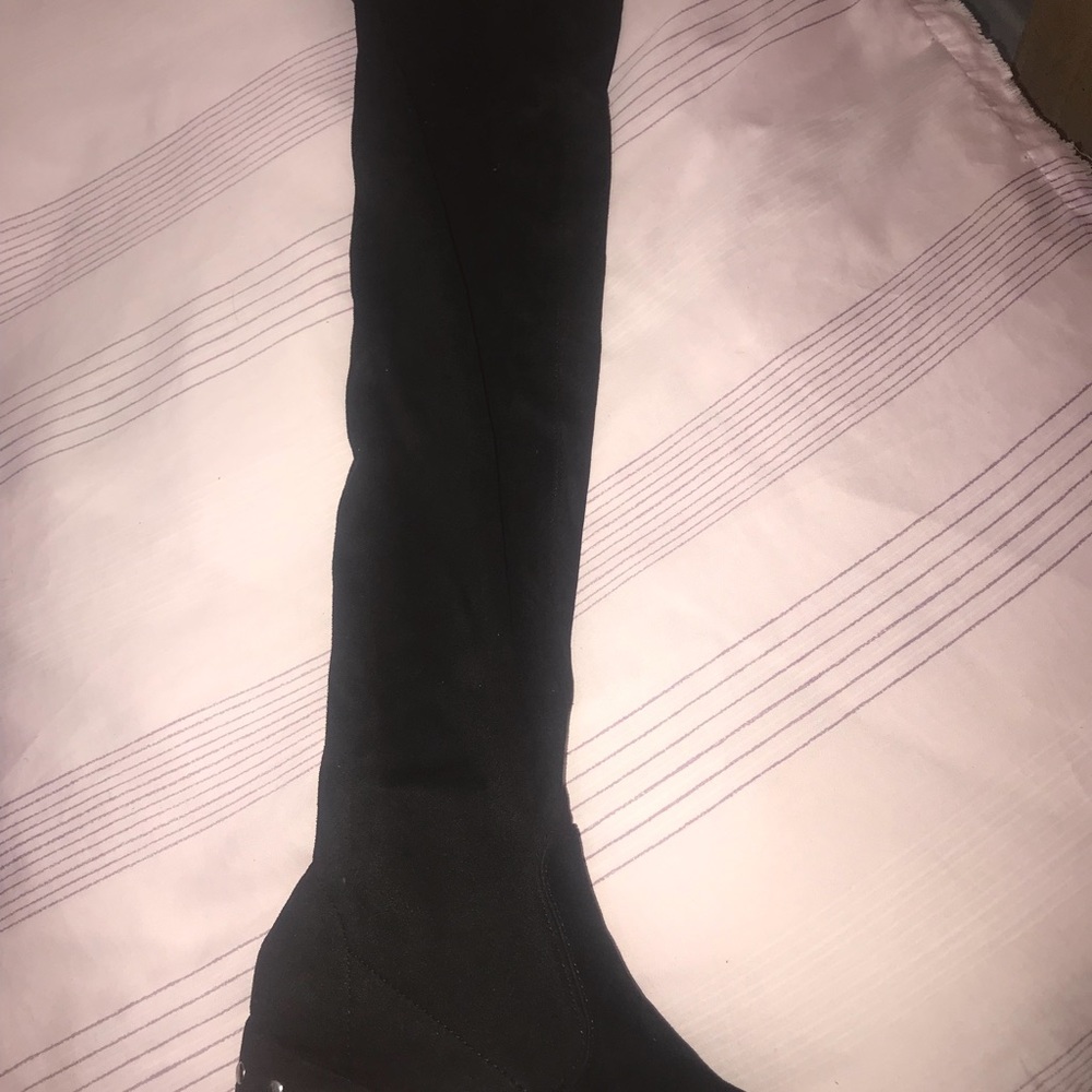 London rebel OTK sliver stud mid heel boot